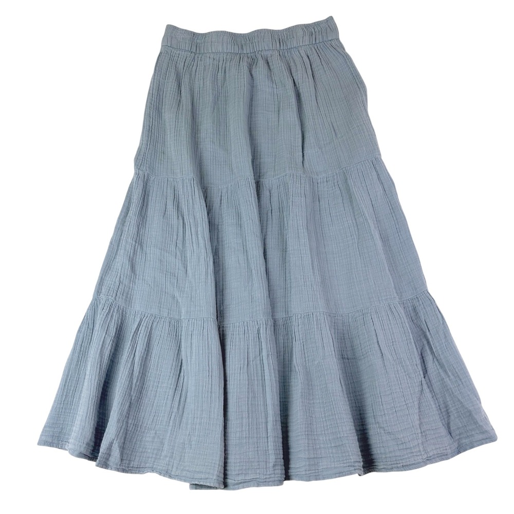 Wonderly L Blue Cotton Gauze Tiered Maxi Pull On Skirt Boho Peasant Festival